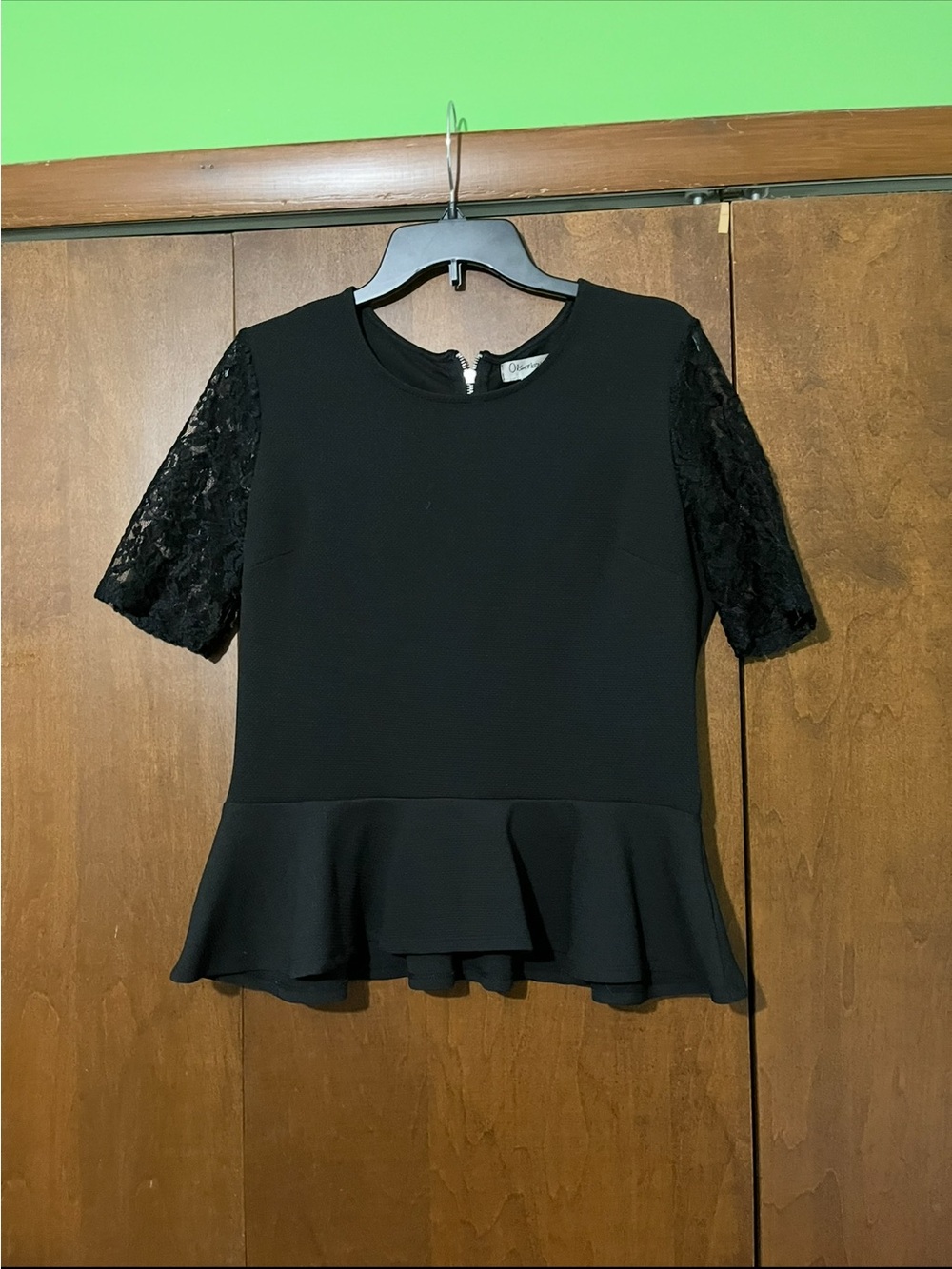 Black Peplum Top with Lace Sleeves